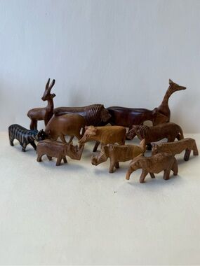 Set of 12 Vintage Hand Carved Wooden African Safari Animals.